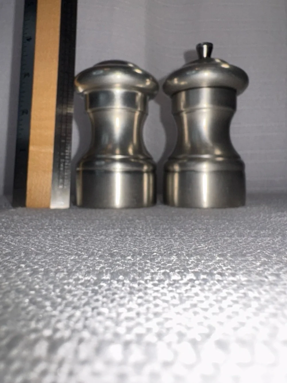 Vintage Italian Brushed Stainless Steel Salt Shaker Pepper Mill Set 4 Inch EUC
